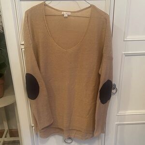 GAP Tan V-Neck Sweater with Navy Elbow Patches